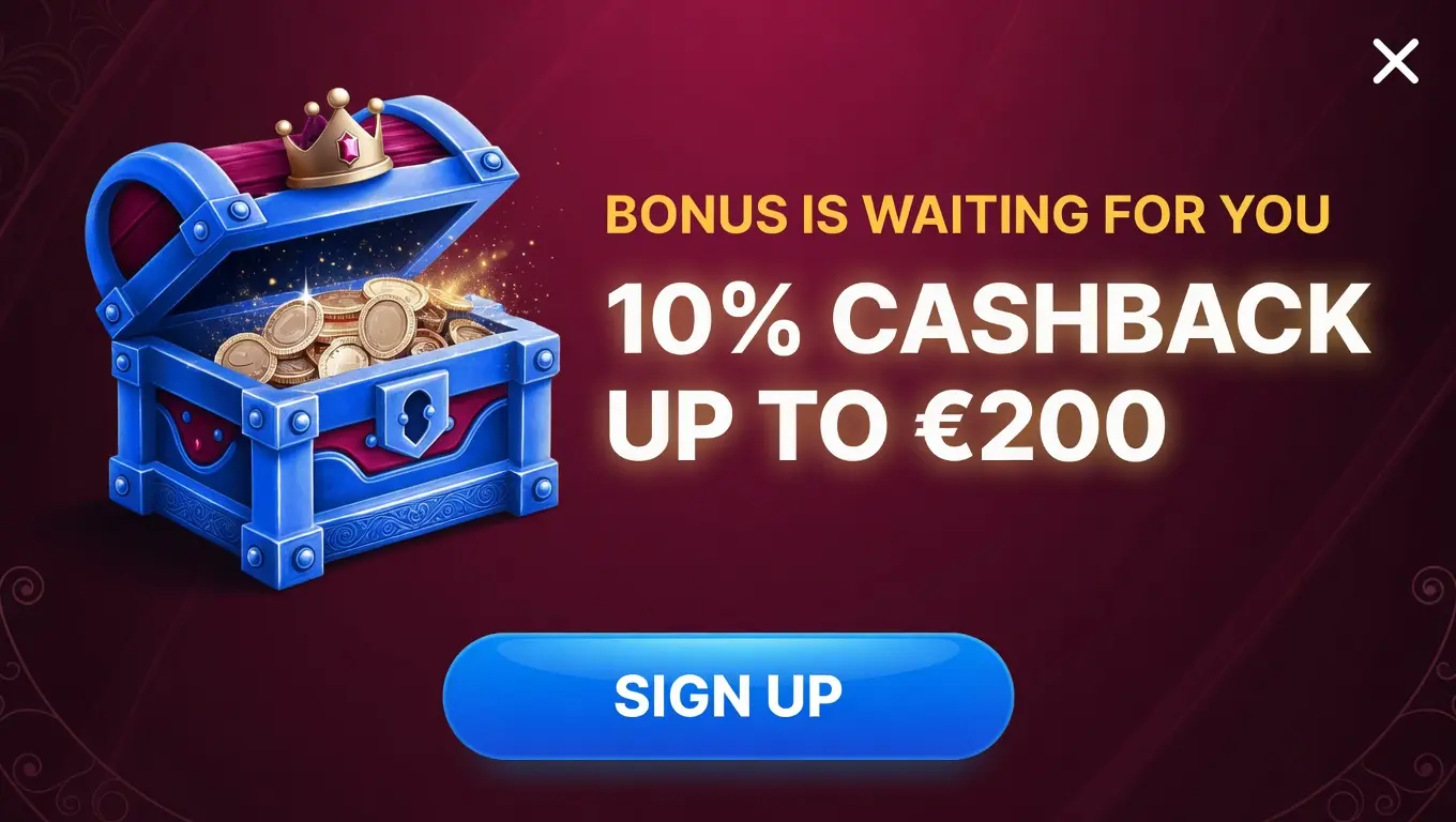 Casino bonus offer banner with blue treasure chest