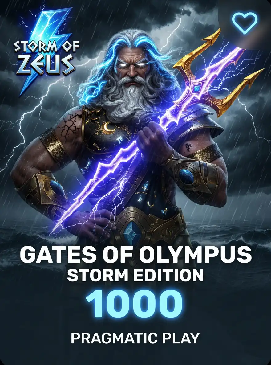 Zeus holding lightning bolt in storm slot game