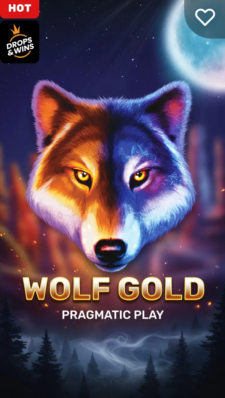 Wolf Gold pokie game logo with fire and moon